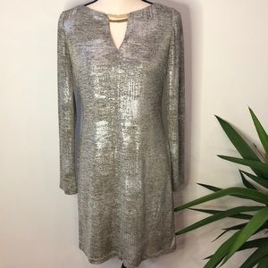 Vince Camuto Metallic Long Sleeve Dress with Gold Detail at Neckline